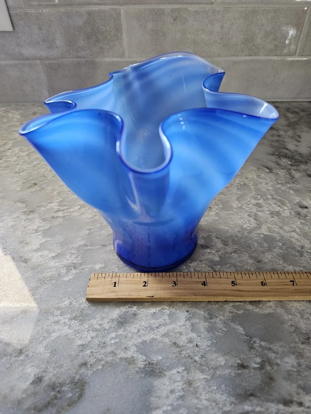 Vintage Cobalt Blue Handkerchief Vase Ruffled Edge Art Glass Swirl Murano Style